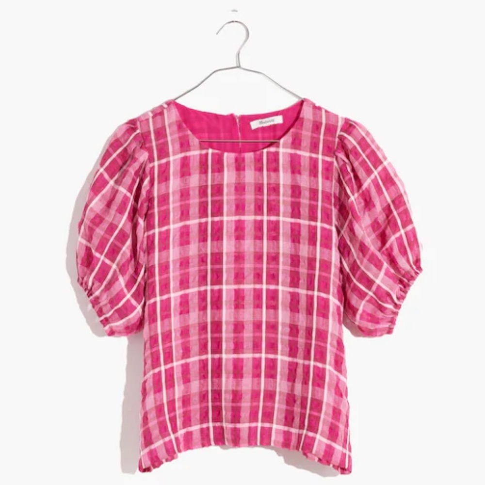 Madewell Plaid Puff Sleeve Top Short Sleeve Pink White XS